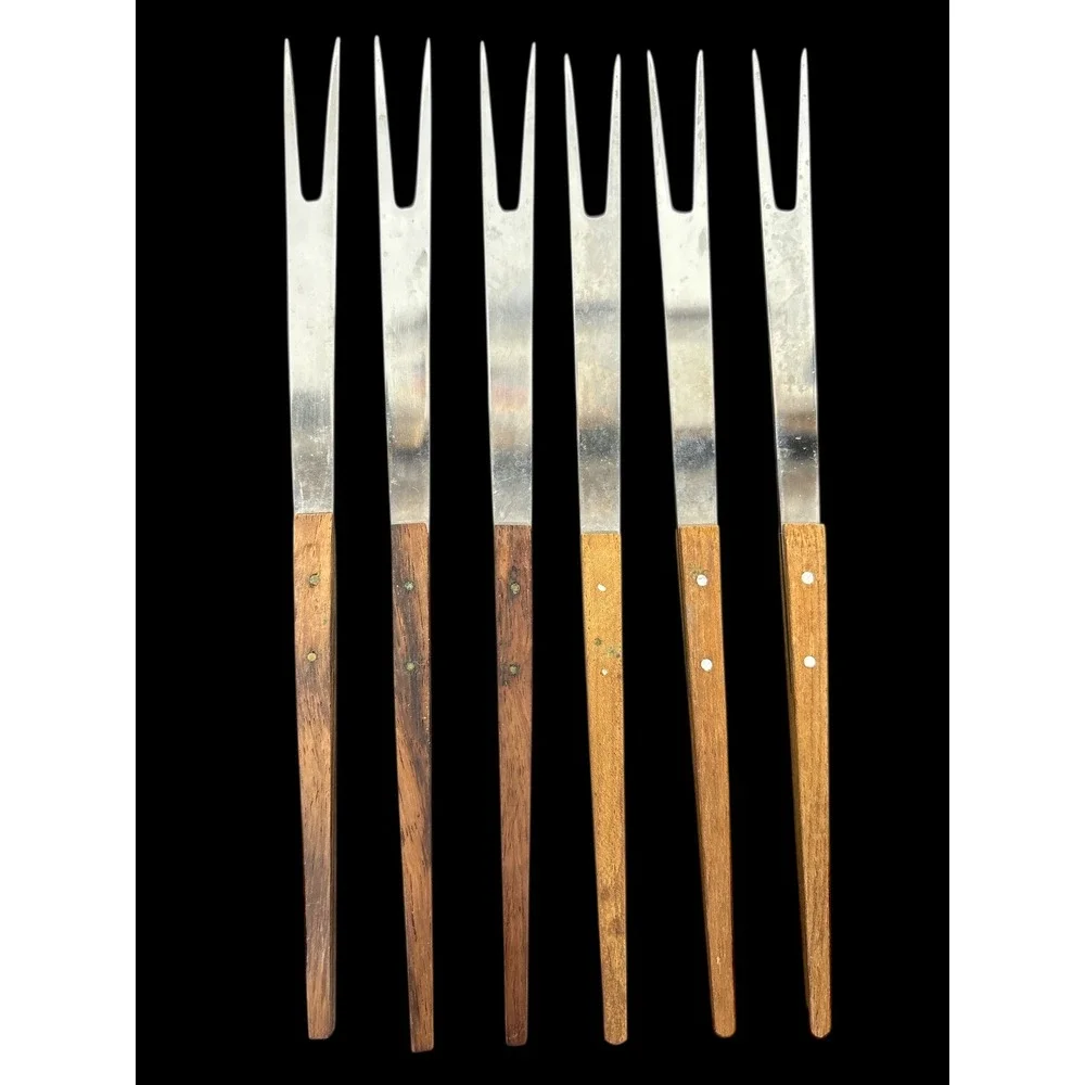 12 Vintage Stainless Steel Wood Handle Fondue‎ Forks Japan Retro 2 Tines